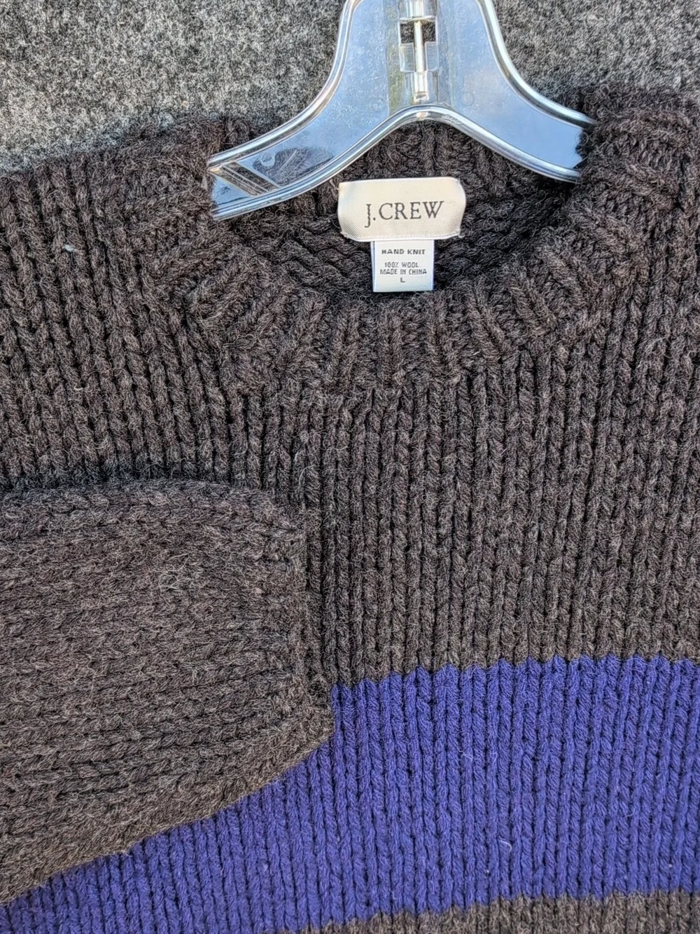 Vtg J Crew Sweater Large Gray Hand Knit Wool Stripe Fisherman Crew Oversized